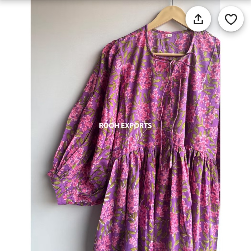Floral Pink and Purple Midi Dress, 100% cotton, hand block, made in India, Kyra